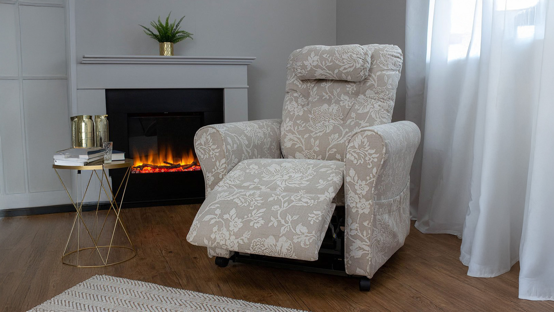 Product shot of a vacant riser recliner chair, in an “adjusted” position