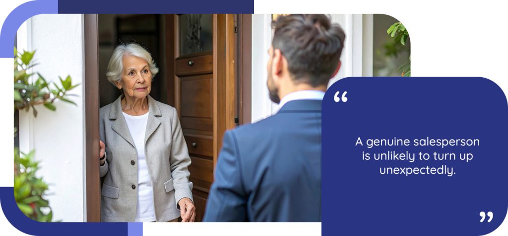 A genuine salesperson is unlikely to turn up unexpectedly